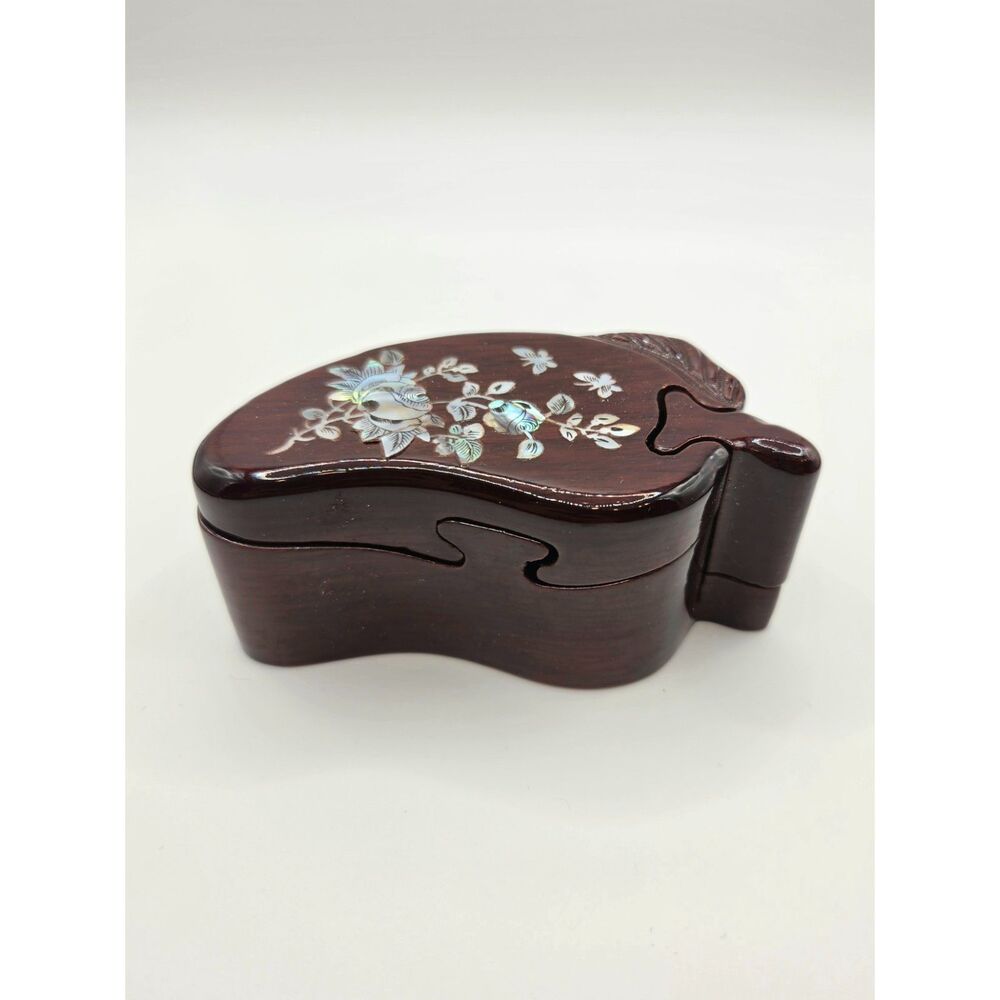 Vintage Wood Secret Puzzle Box Mother of Pearl Inlay Leaf Floral